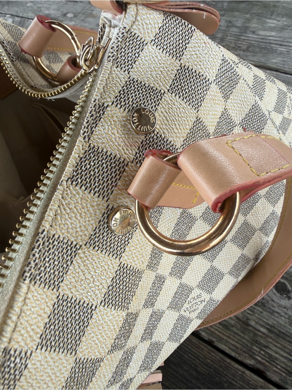 Designer-Style Cream checkered Shoulder Bag with Tan Trim and leather tassels - Picture 4 of 14